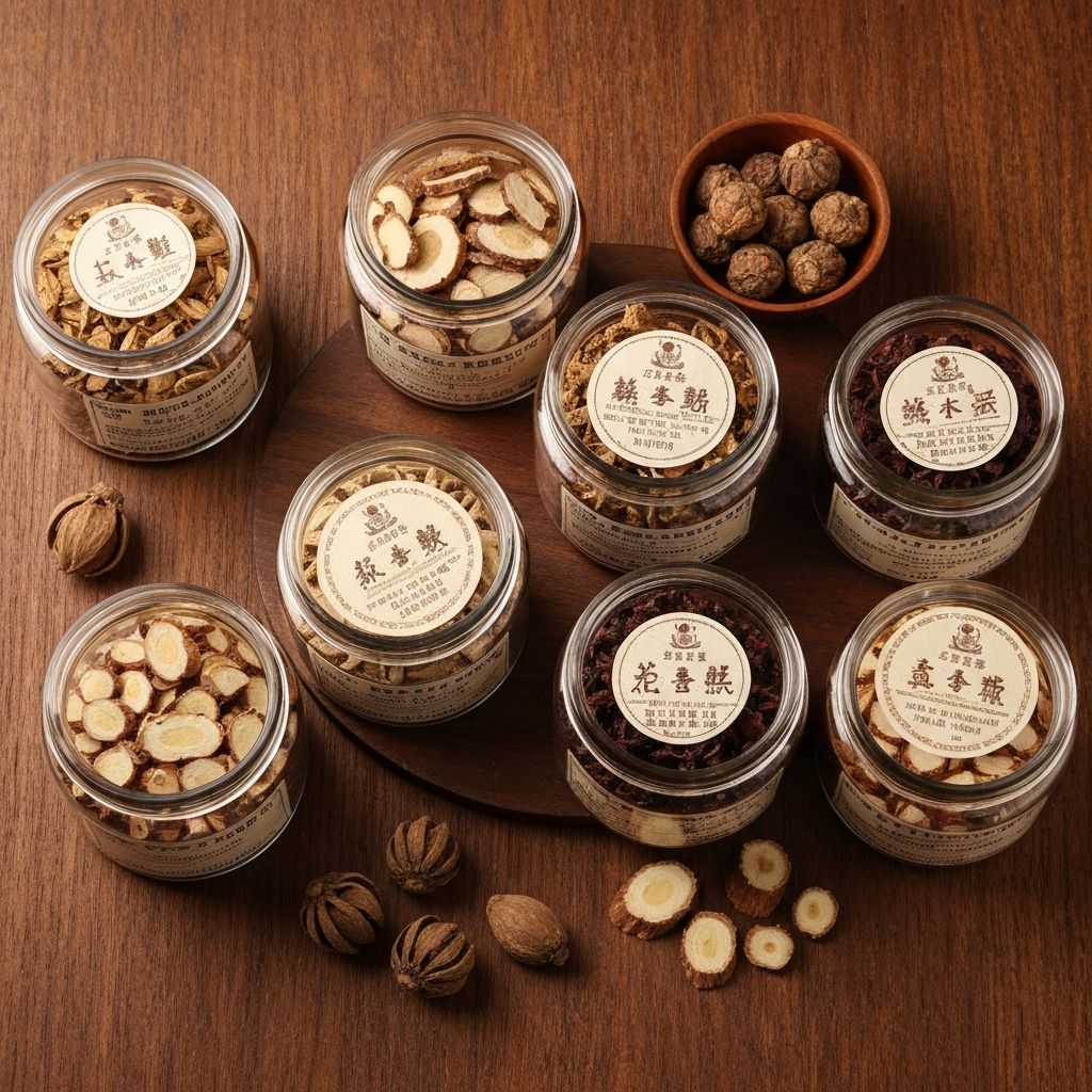 Traditional Chinese herbal medicine jars and dried botanical ingredients